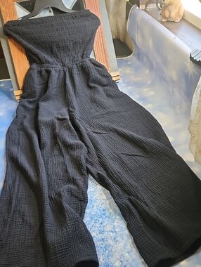 aerie Black Strapless Wide-Leg Textured Jumpsuit 💯% Cotton